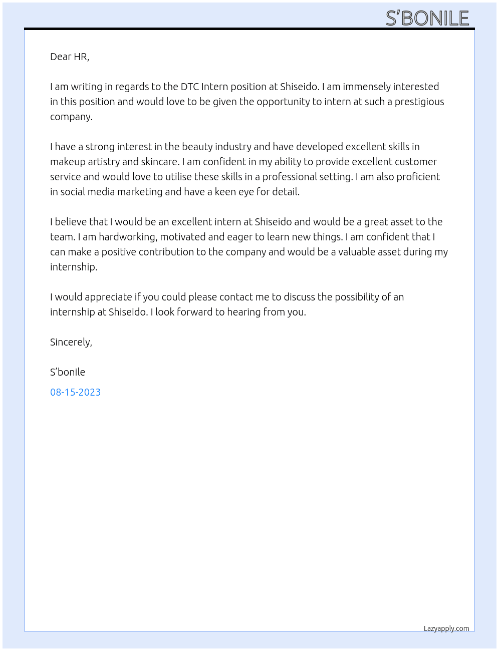 DTC Intern At Shiseido  Cover Letter