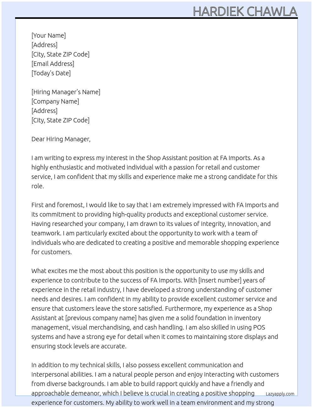 shop assistant  At FA Imports  Cover Letter