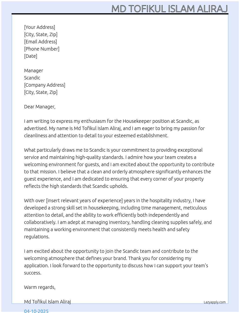 Housekeeper At scandic Cover Letter
