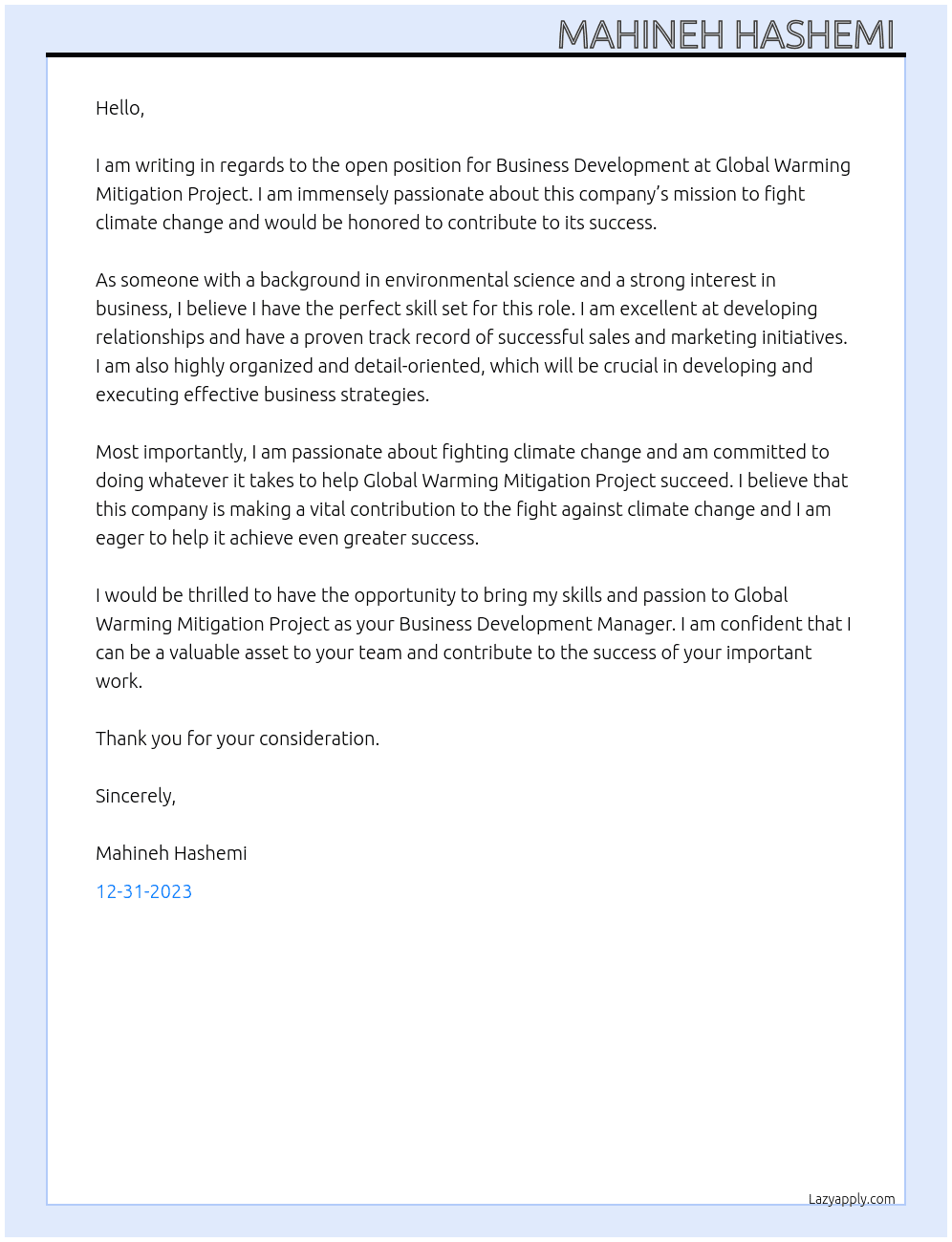 Business Development At Global warming mitigation project  Cover Letter