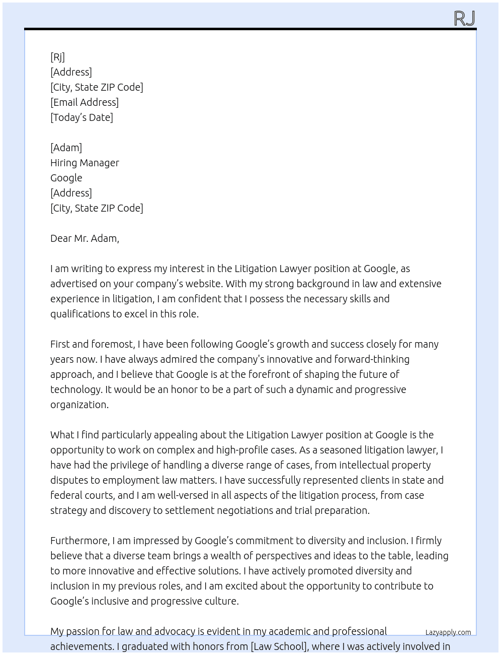 Litigation Lawyer  At Google Cover Letter