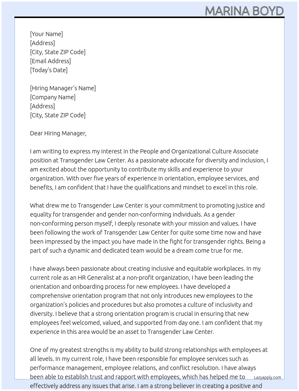 People and Organizational Culture Associate At Transgender Law Center Cover Letter