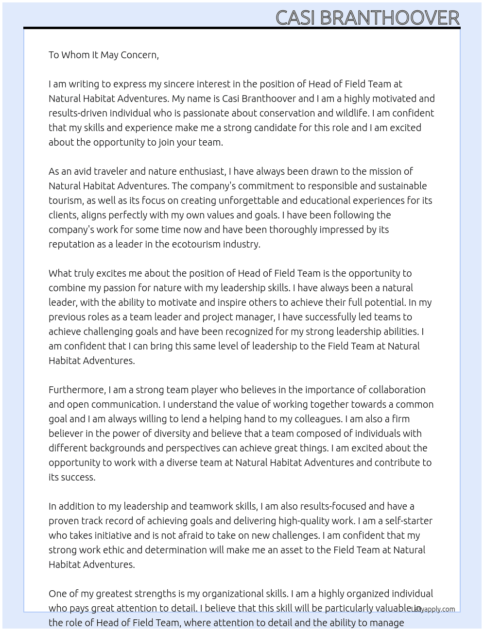 Head of Field Team At Natural Habitat Adventures Cover Letter
