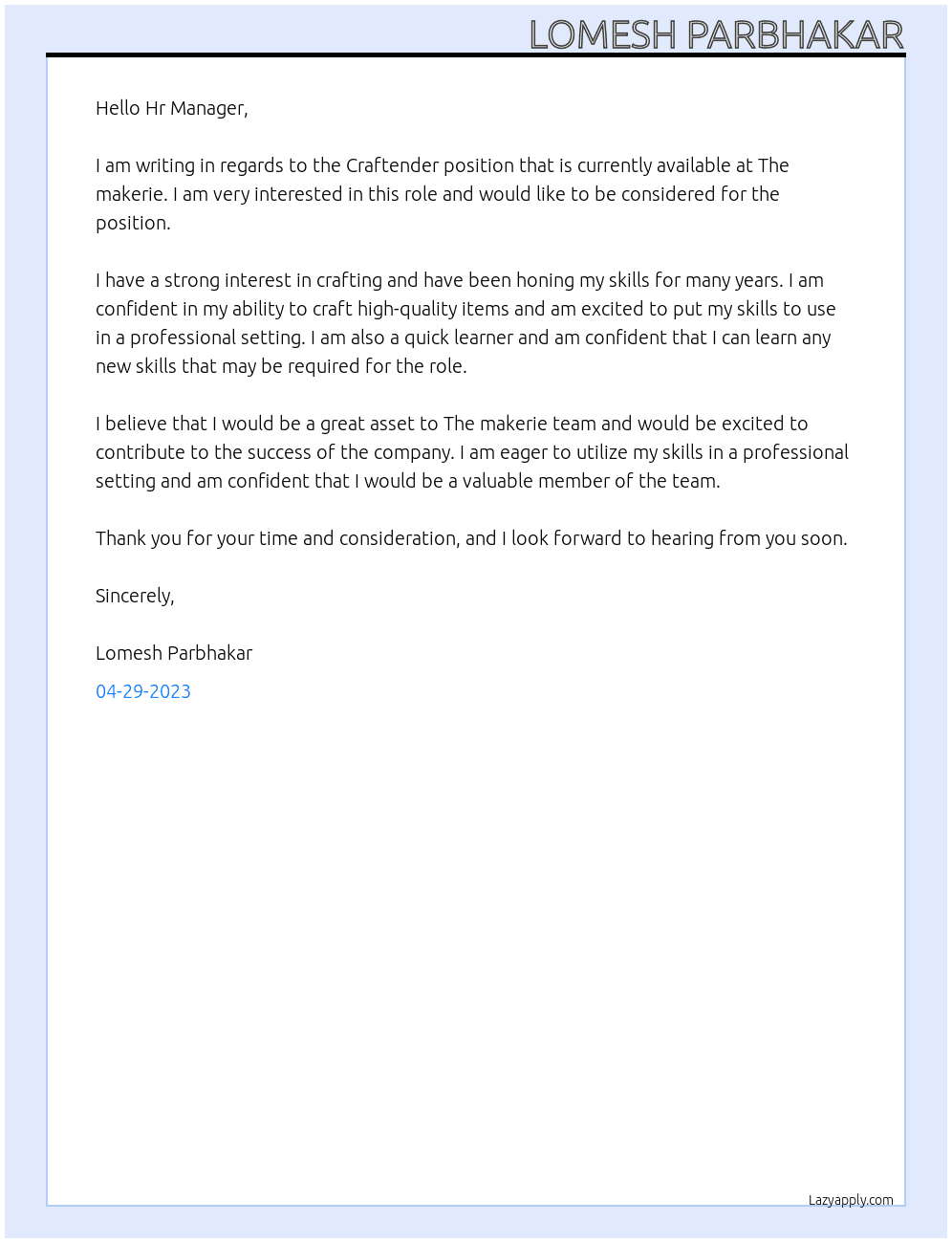 Craftender At The makerie Cover Letter