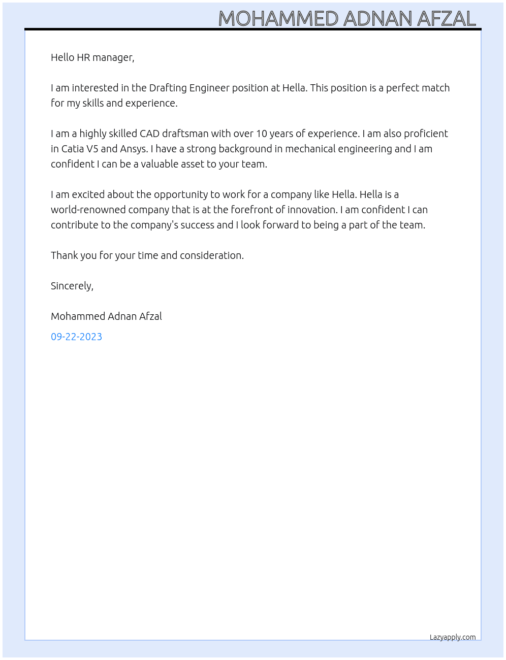 Drafting Engineer At Hella Cover Letter