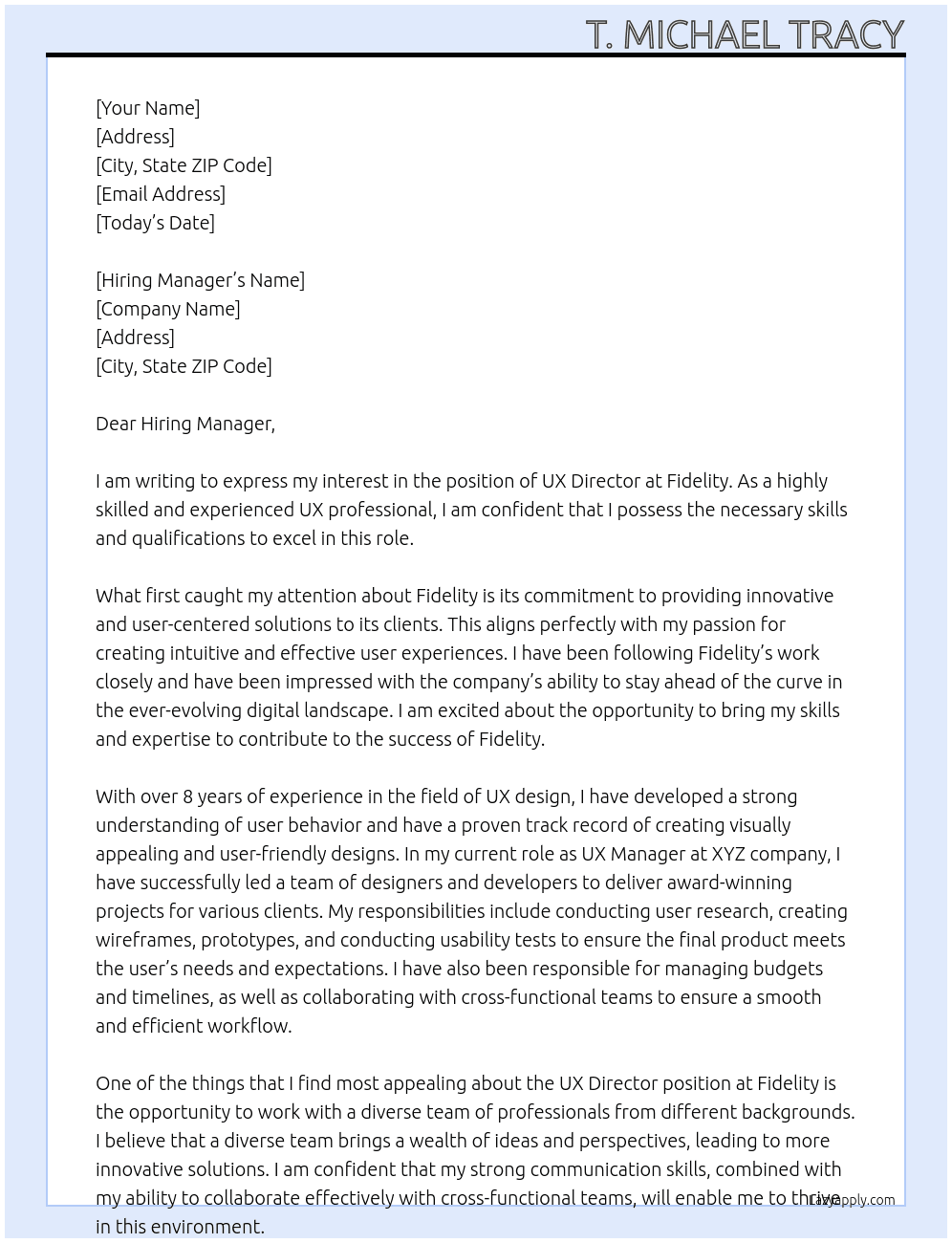 UX Director At Fidelity Cover Letter