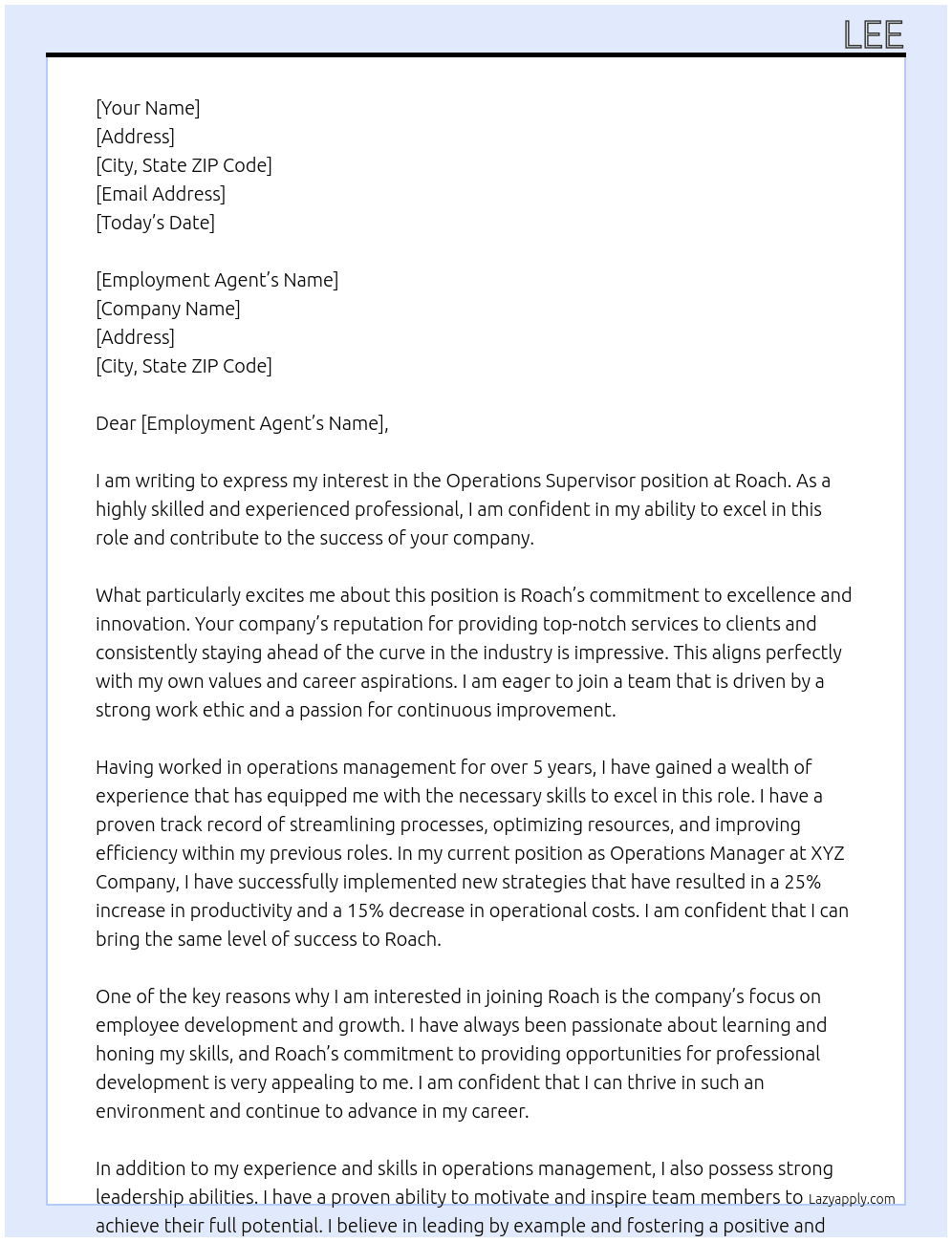 Operations Supervisor At Roach Cover Letter