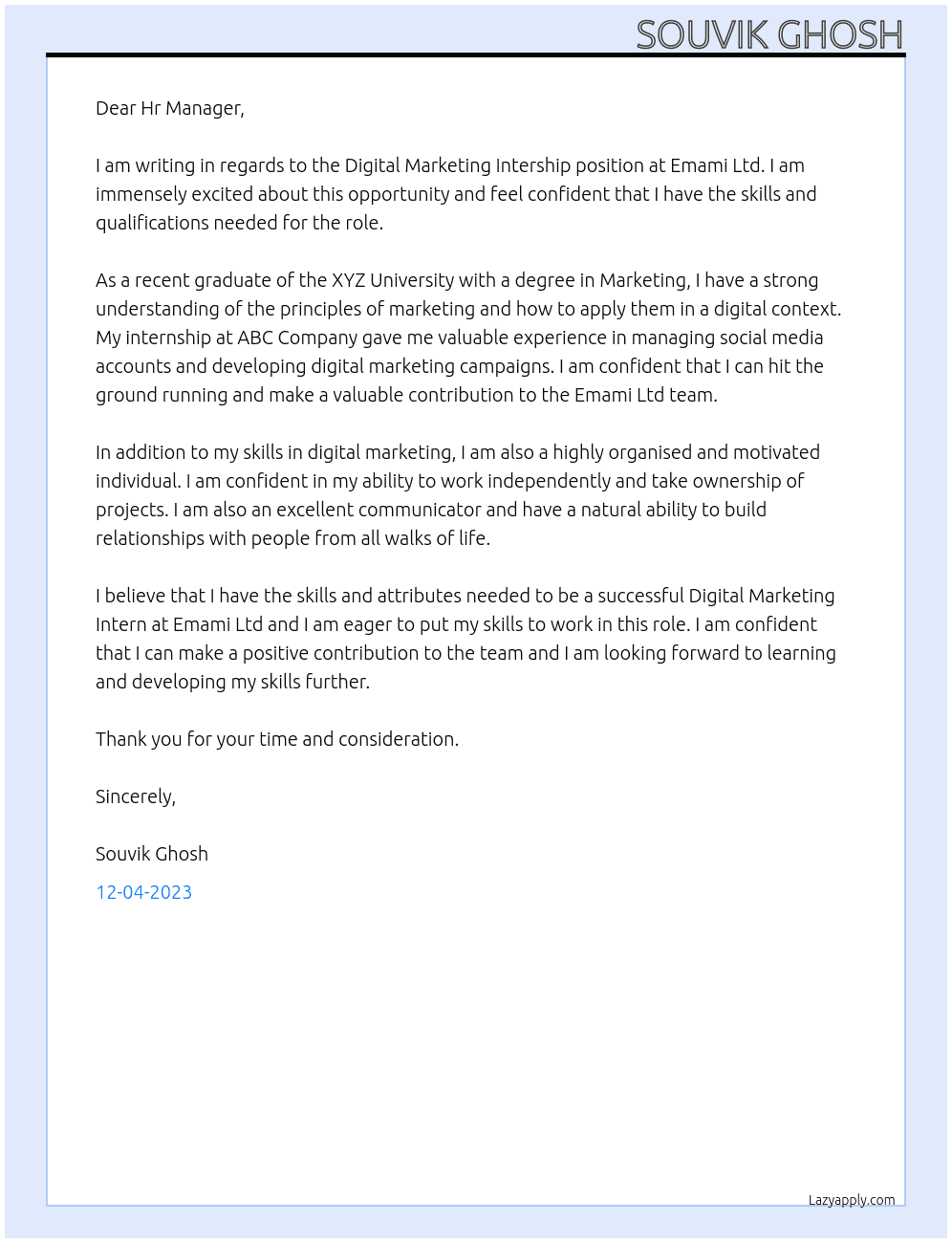 Digital Marketing Intership At Emami Ltd Cover Letter