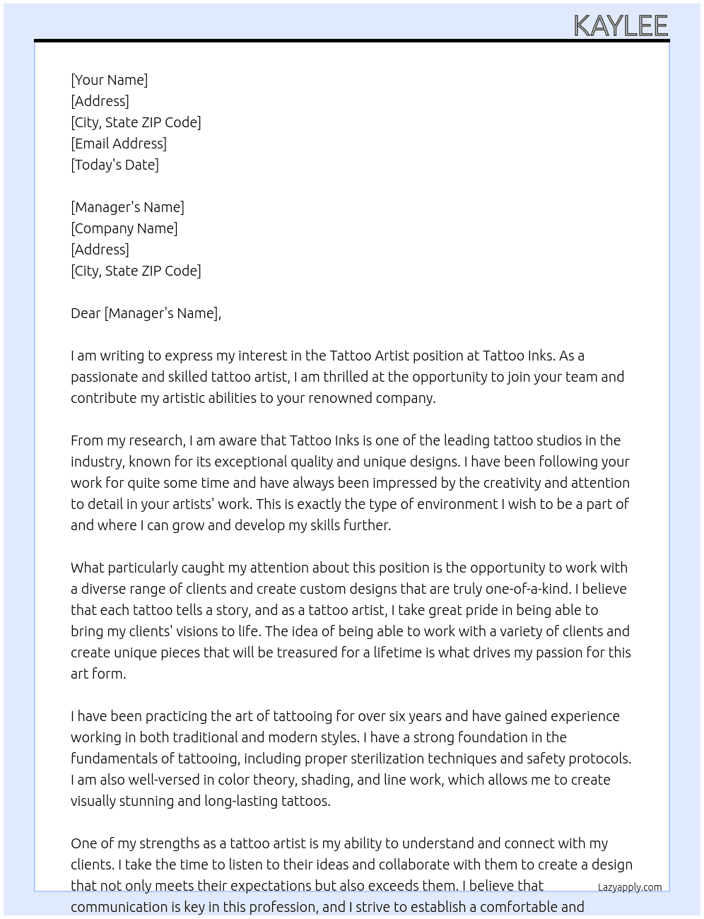 Tattoo Artist At Tattoo Inks Cover Letter