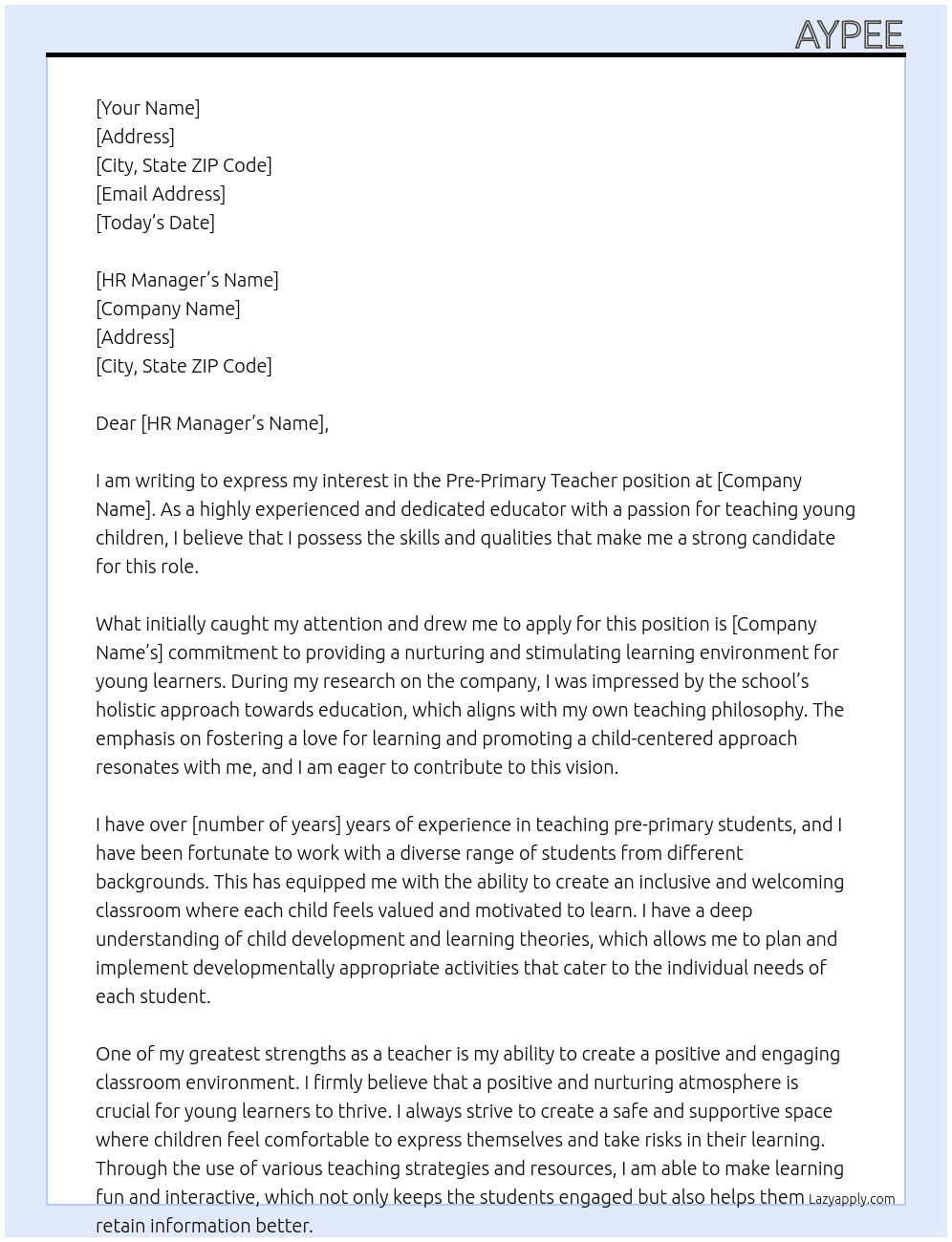 Cover letter for pre primary teacher - LazyApply