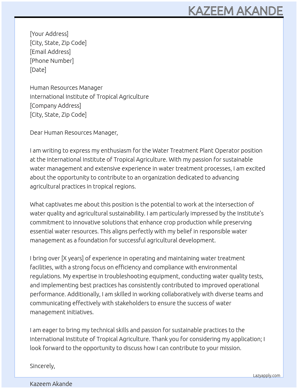 Cover letter for water treatment plant operator - LazyApply