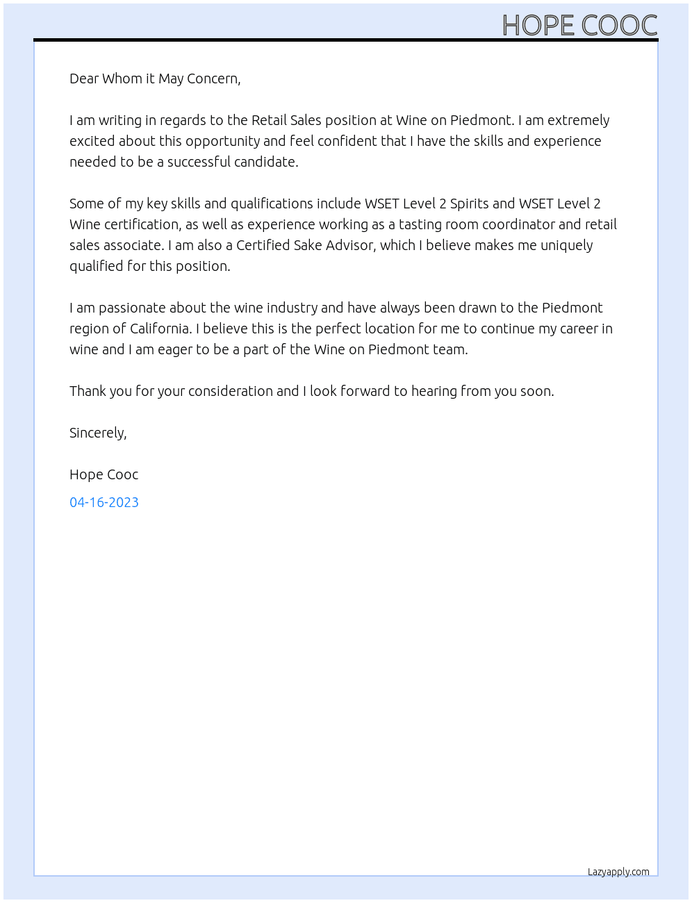 Retail Sales At Wine on Piedmont Cover Letter
