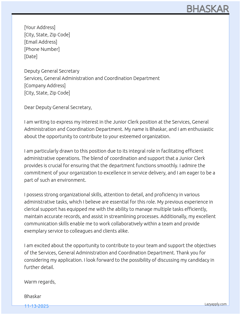 Junior Clerk At Services, General Administration and coordination Department Cover Letter