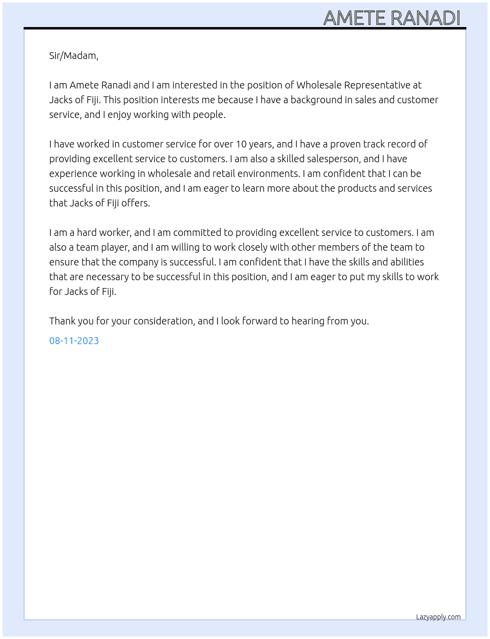 Wholesale Representative  At Jacks of Fiji  Cover Letter