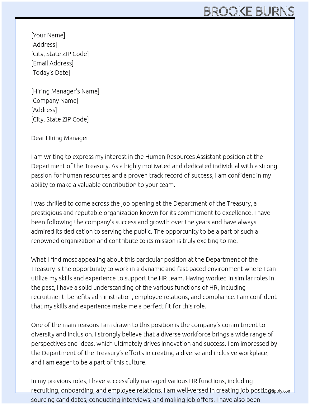 Human Resources Assistant At Department of the Treasury Cover Letter