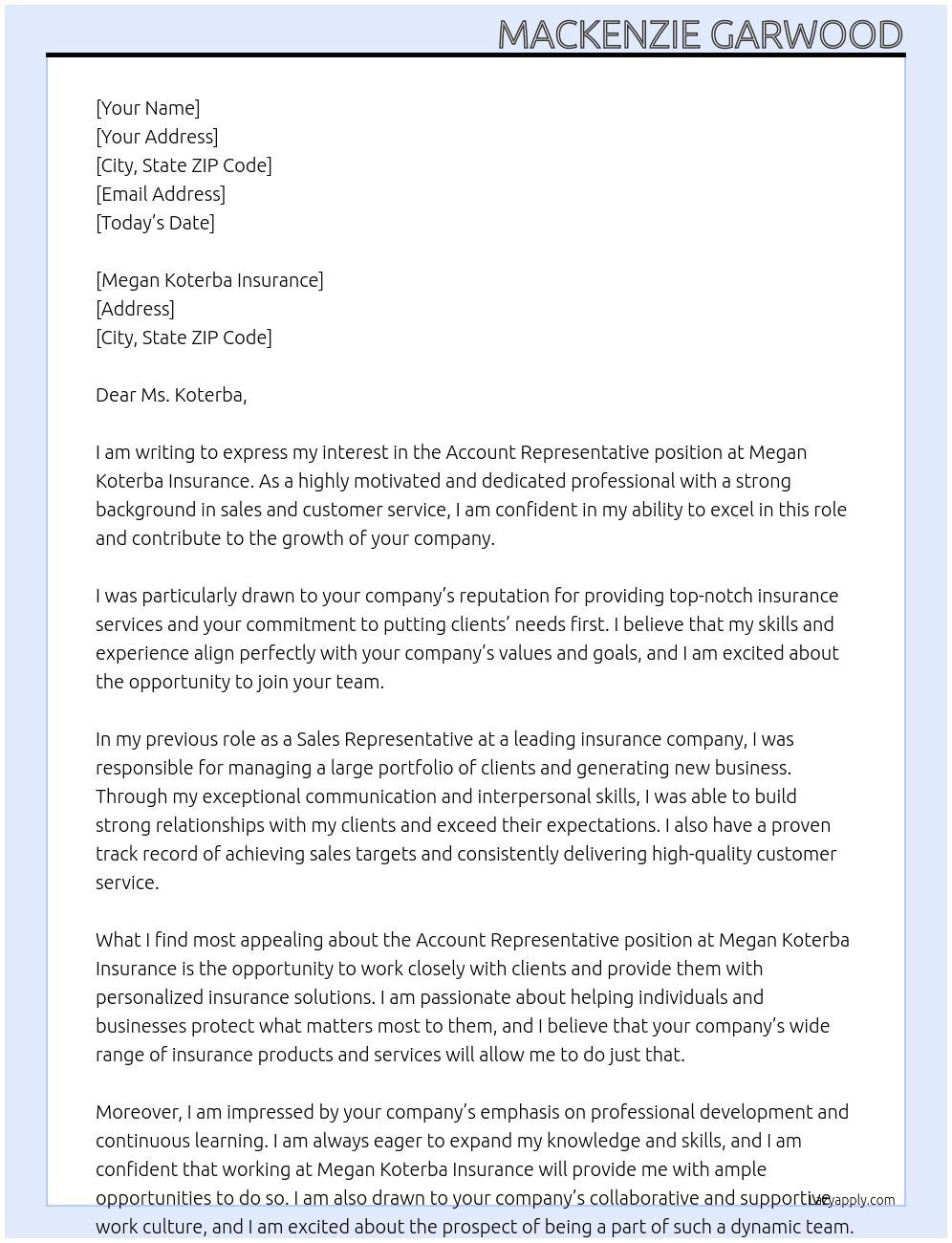 Account Representative At Megan Koterba Insurance Cover Letter