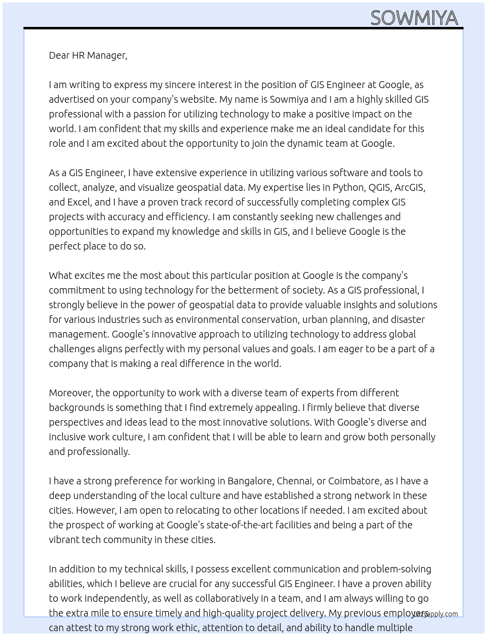 Gis engineer At Google  Cover Letter