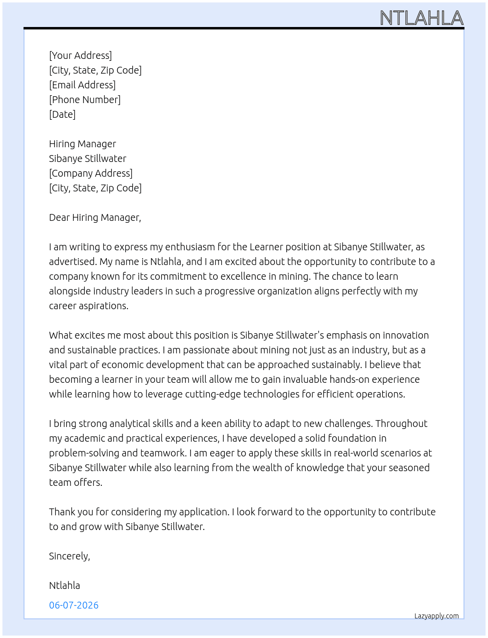 Learner at Mining  At Sibanye still water Cover Letter