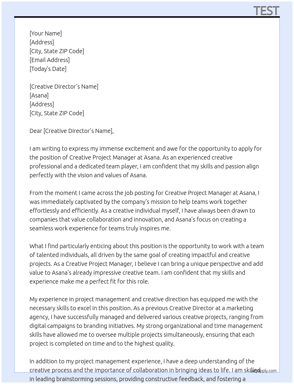 Creative Project Manager At Asana Cover Letter