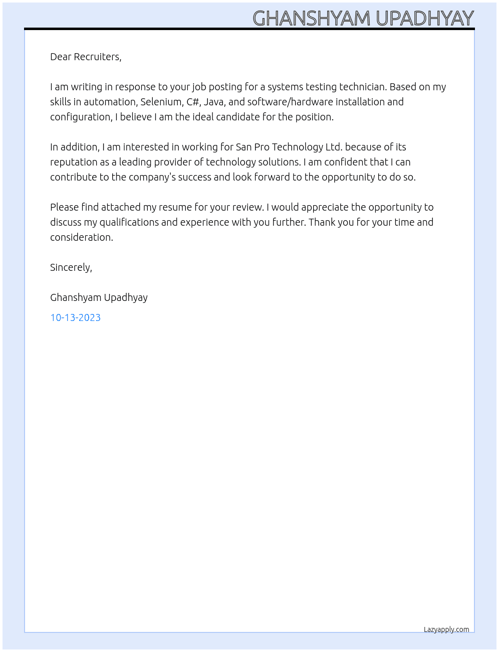 Systems testing technician At San Pro Technology Ltd. Cover Letter