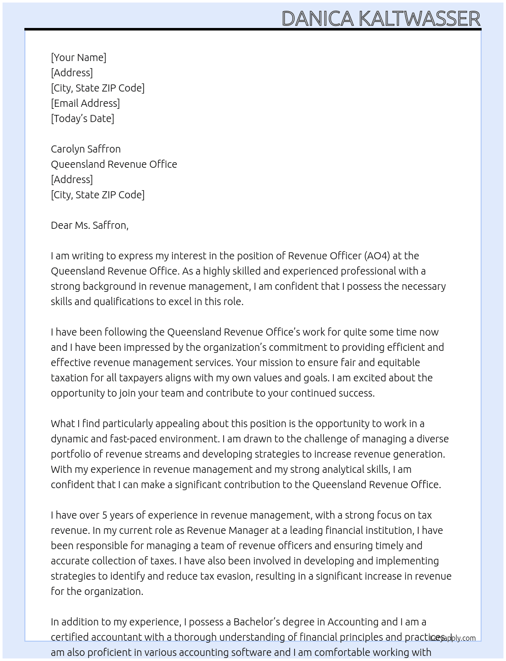 Revenue Officer (AO4) At Queensland Revenue Office Cover Letter