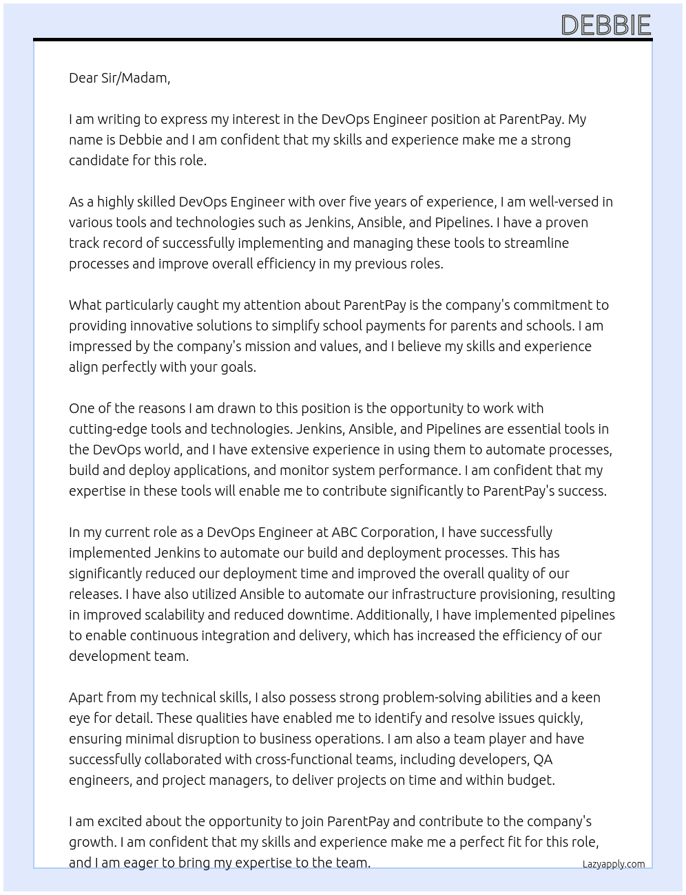 devops engineer At parentpay Cover Letter