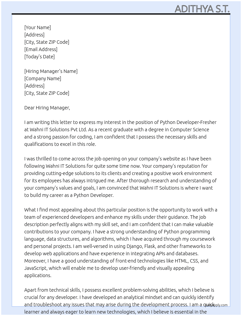 Python Developer-Fresher At Wahni IT Solutions Pvt Ltd Cover Letter