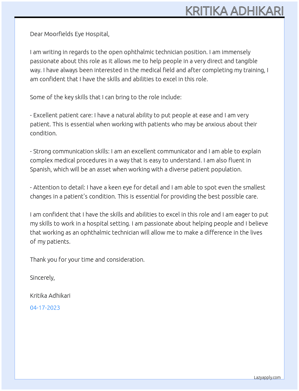 ophthalmic technician At Moorfields eye hospital Cover Letter