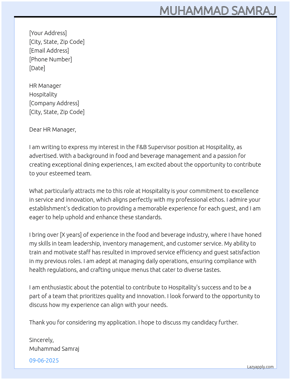 F&B SUPERVISOR At Hospitality Cover Letter