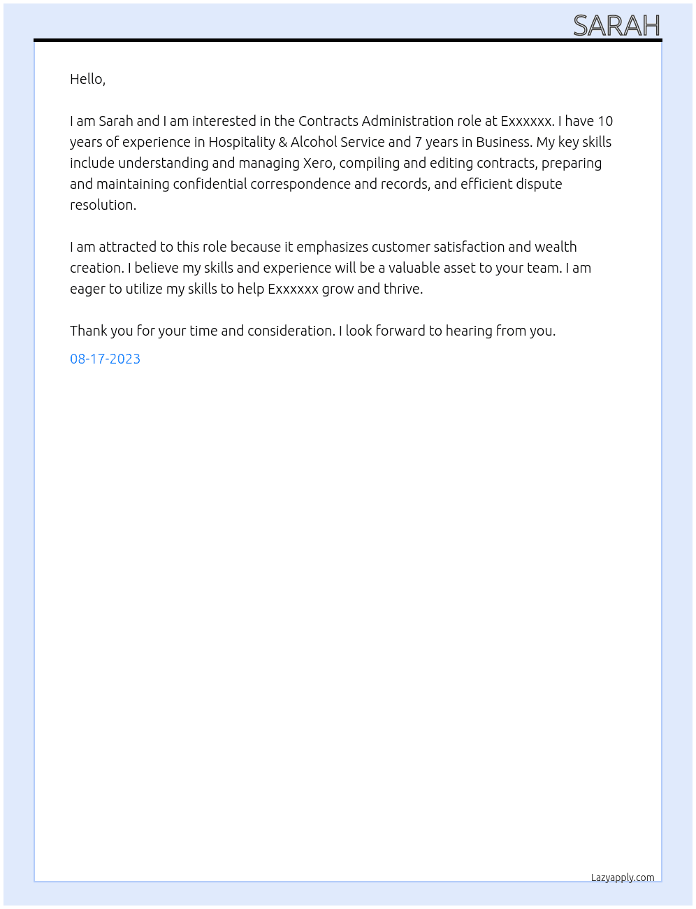 Contracts Administration At Exxxxxx Cover Letter