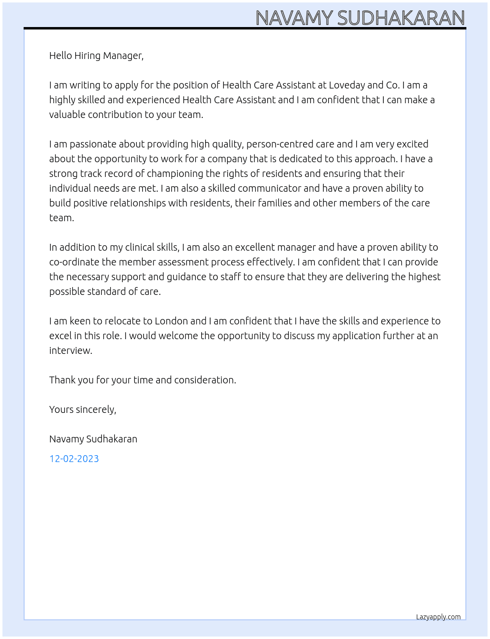 Health care assistant At Loveday and co Cover Letter