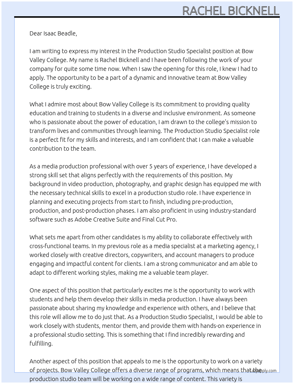 Cover letter for production studio specialist - LazyApply