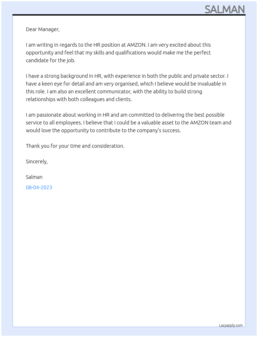 HR At AMZON Cover Letter