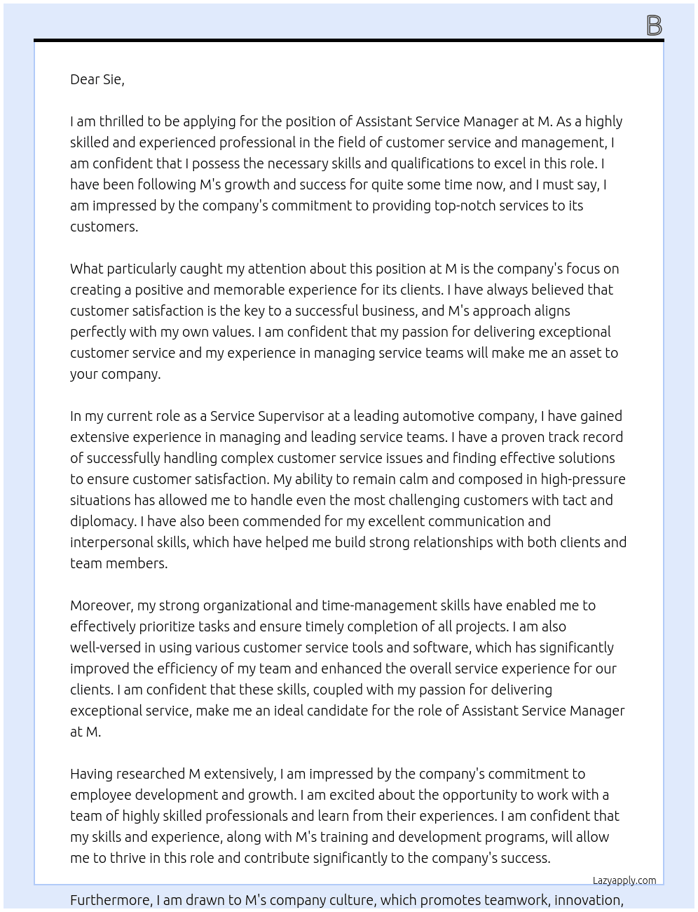 Assistant Service Manager At M Cover Letter