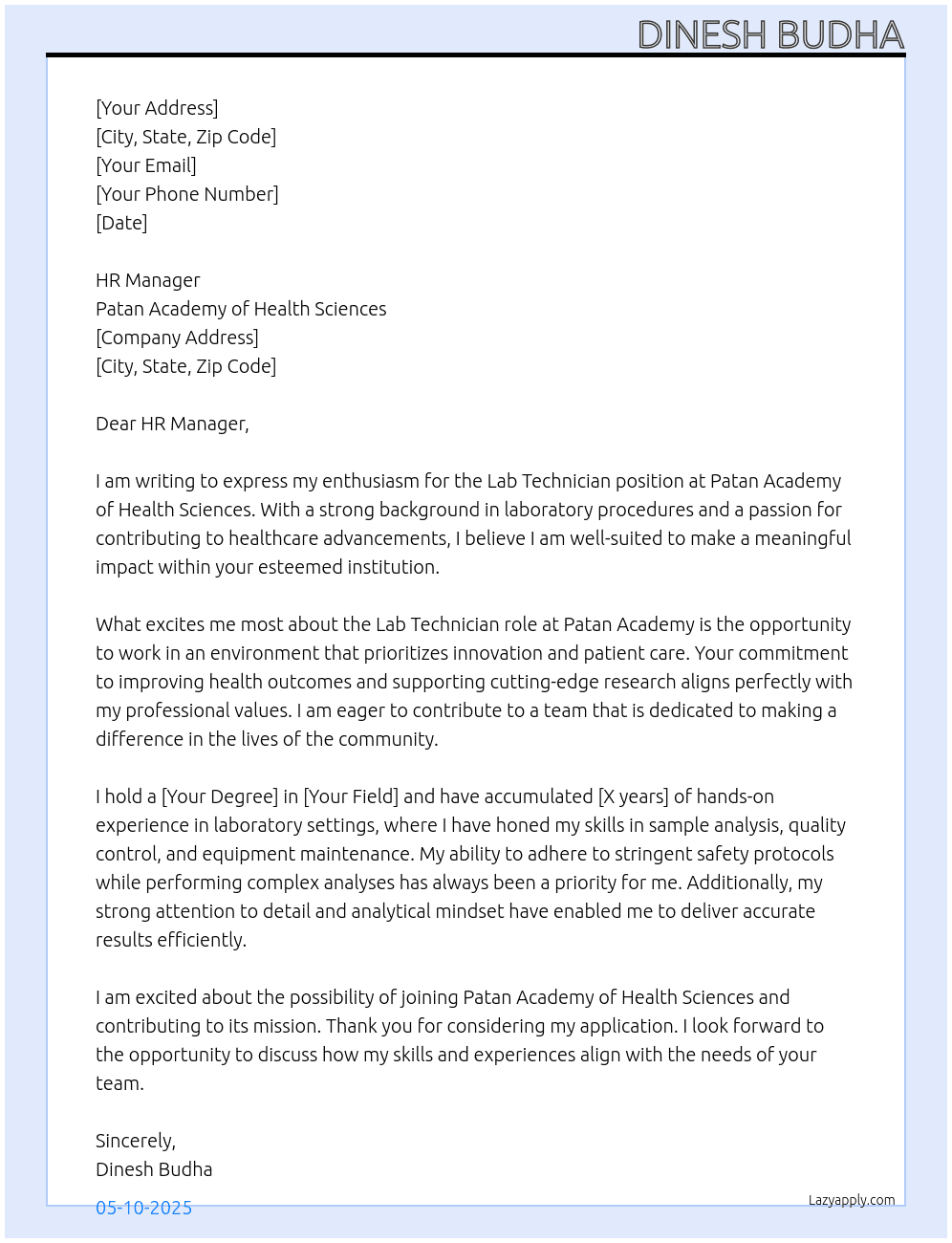 Lab technician At Patan academy health science Cover Letter