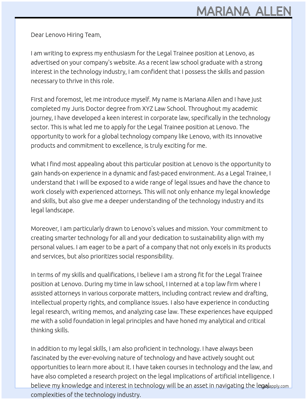 Legal Trainee At Lenovo Cover Letter