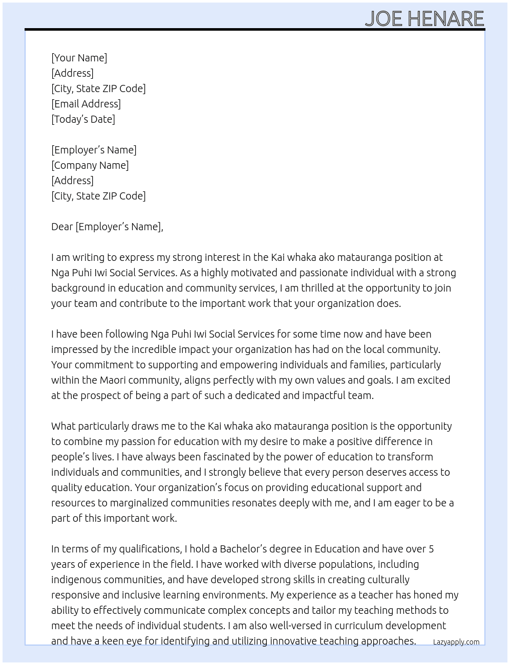 Kai whaka ako matauranga At Nga Puhi Iwi Social Servises Cover Letter
