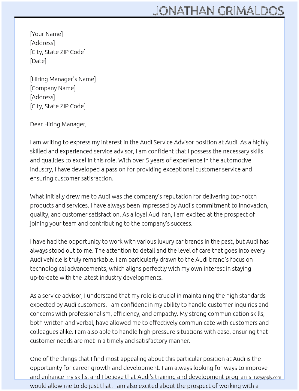 Audi Service Advisor At Audi Cover Letter
