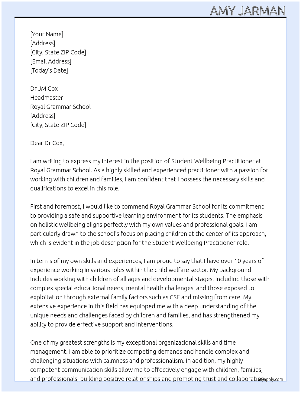 Student Wellbeing Practitioner At Royal Grammar School Cover Letter
