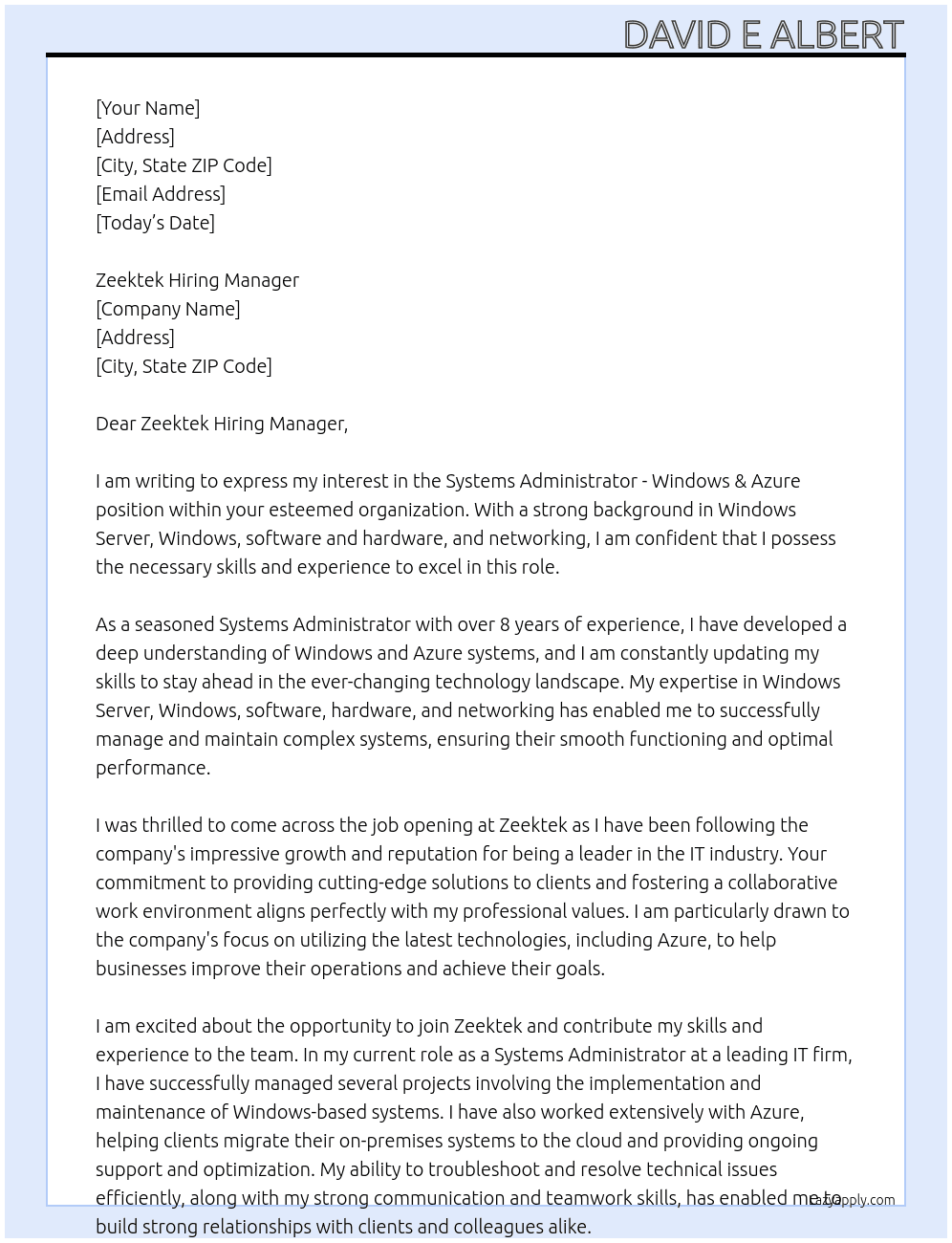 Systems Administrator - Windows & Azure At Zeektek  Cover Letter