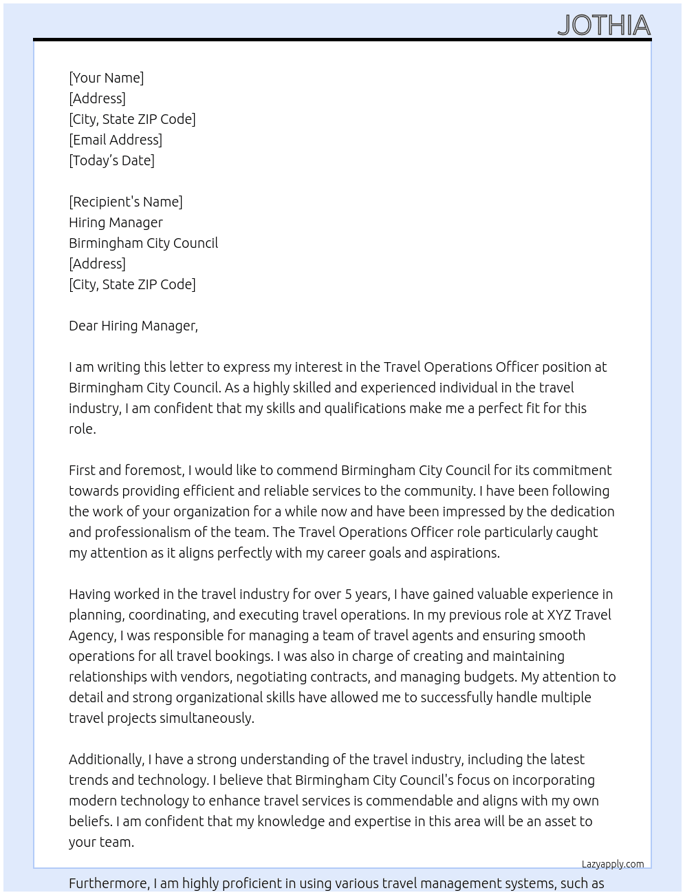 Travel operations officer  At Birmingham city council  Cover Letter