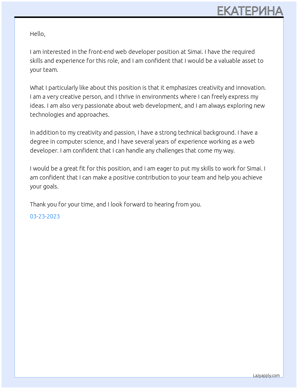 Frontend web developer At Simai Cover Letter