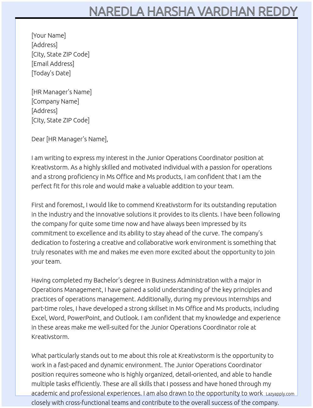 Junior Operations Coordinator At Kreativstorm Cover Letter