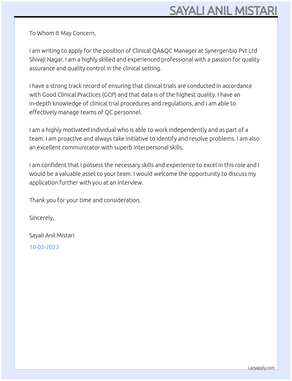 Clinical QA&QC Manager At Synergenbio Pvt Ltd Shivaji Nagar Cover Letter