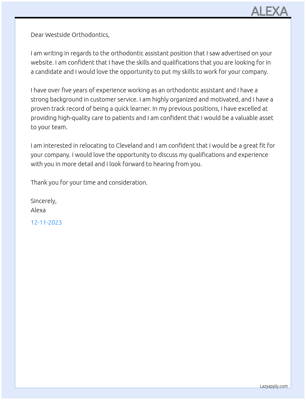 Orthodontic assistant At Westside Orthodontics  Cover Letter