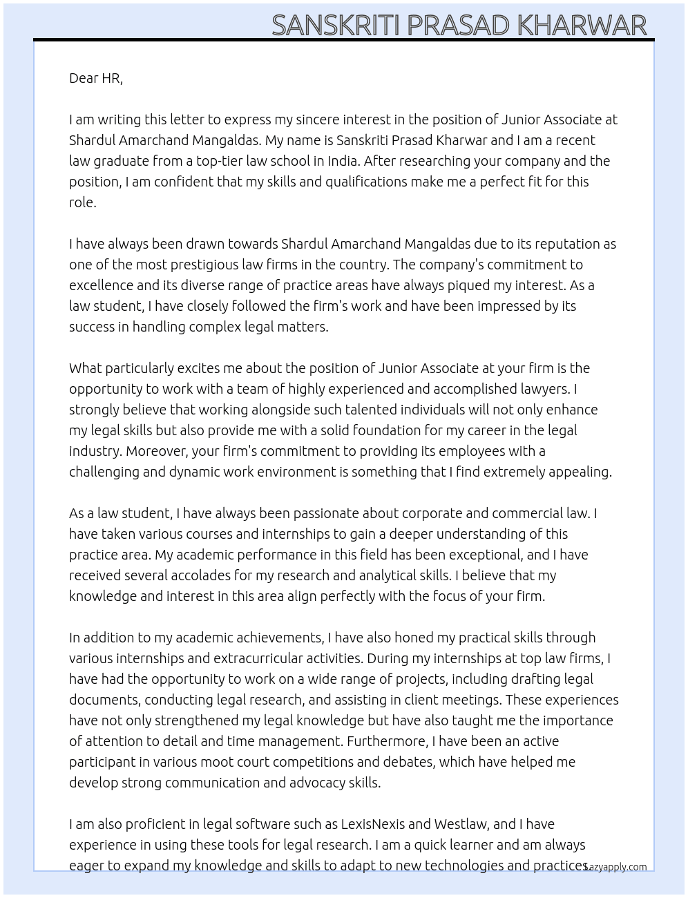 Junior Associate  At Shardul Amarchand Mangaldas Cover Letter