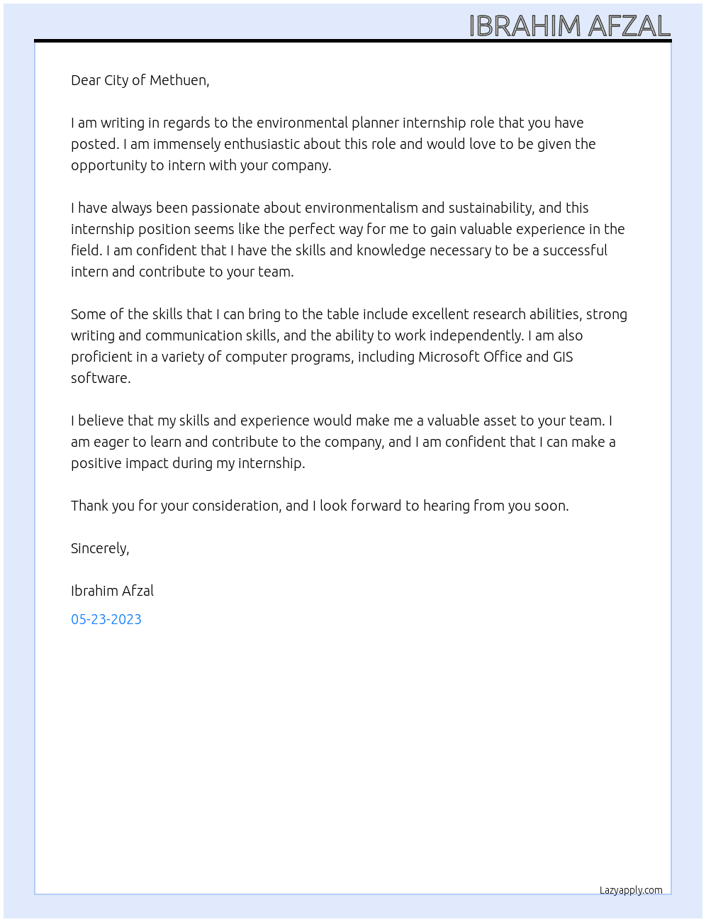 environmental [lanner At City of Methuen Cover Letter