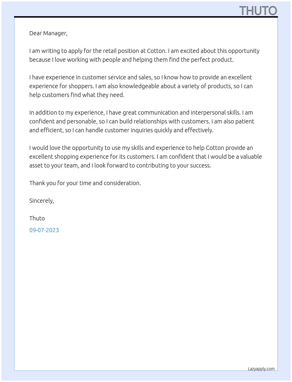RETAIL  At COTTON Cover Letter