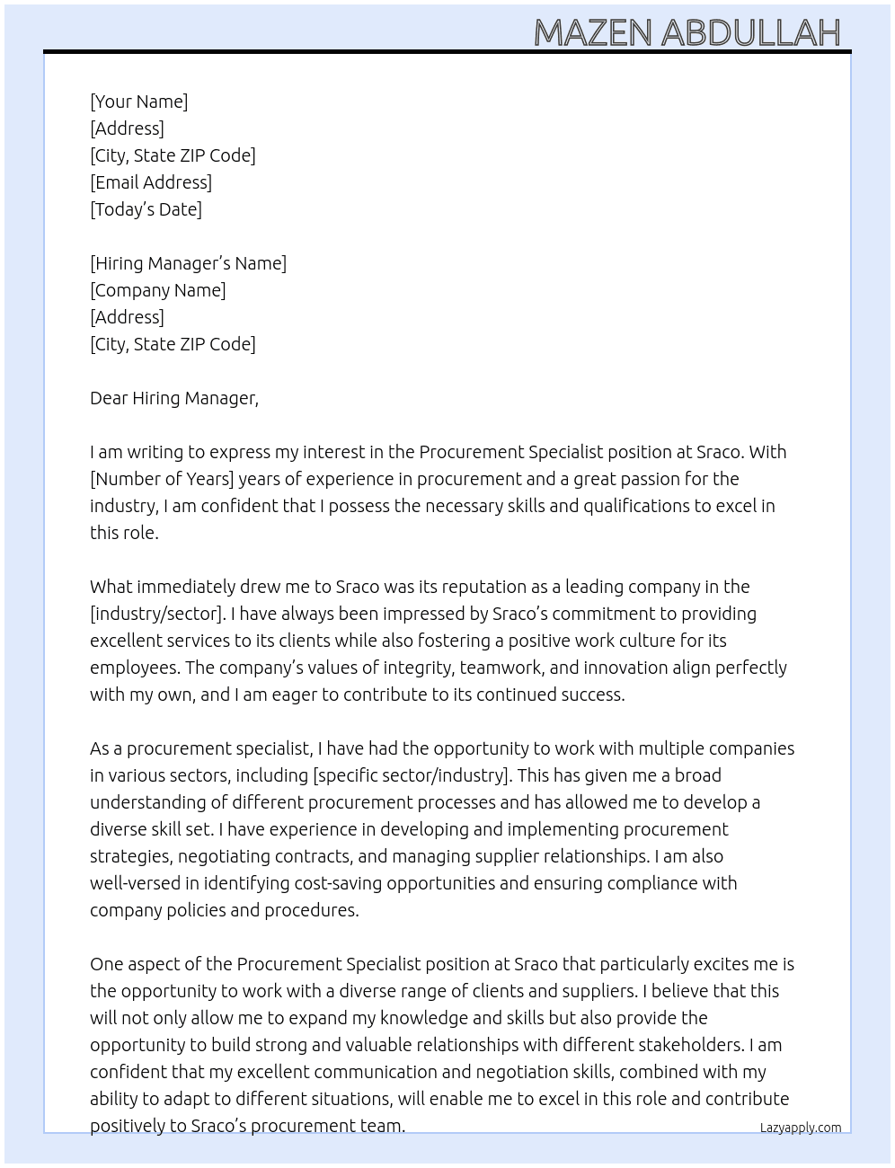 Procurement Specialist  At Sraco  Cover Letter