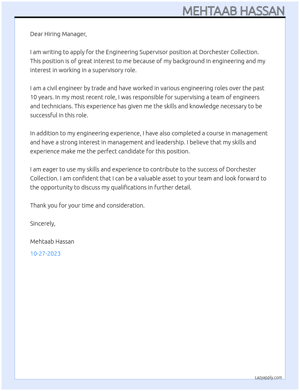 Engineering Supervisor At Dorchester Collection Cover Letter